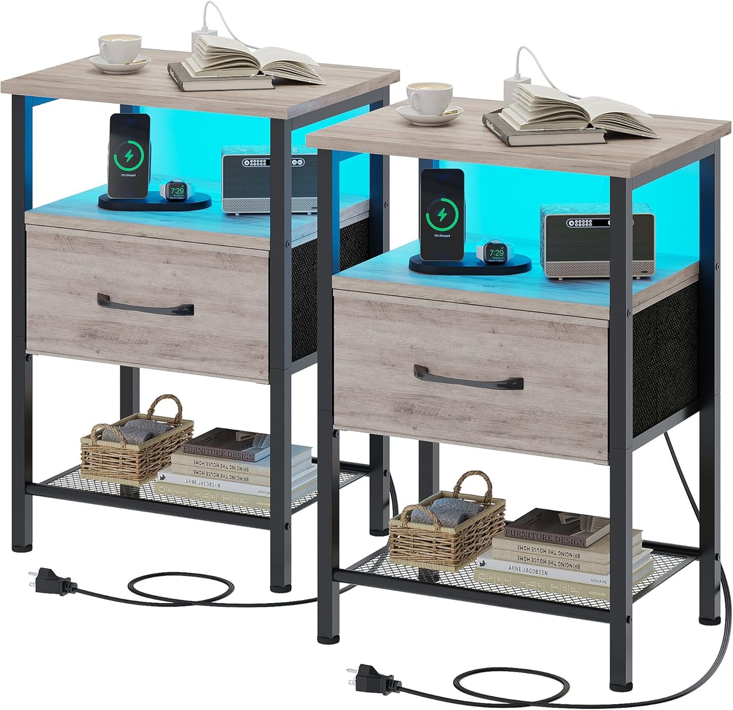 Night Stand Set 2, End Table with Charging Station, LED Bedside Table with Fabric Drawer for Bedroom, 3-Tier Side Table with Open Shelf, Greige