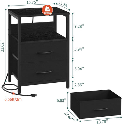 Nightstand with Charging Station, LED Night Stand with Fabric Drawers and Storage Shelf for Bedroom, Nightstands Bedside Tables with USB Ports & Outlets, Small Night Stands, Bed Side Table