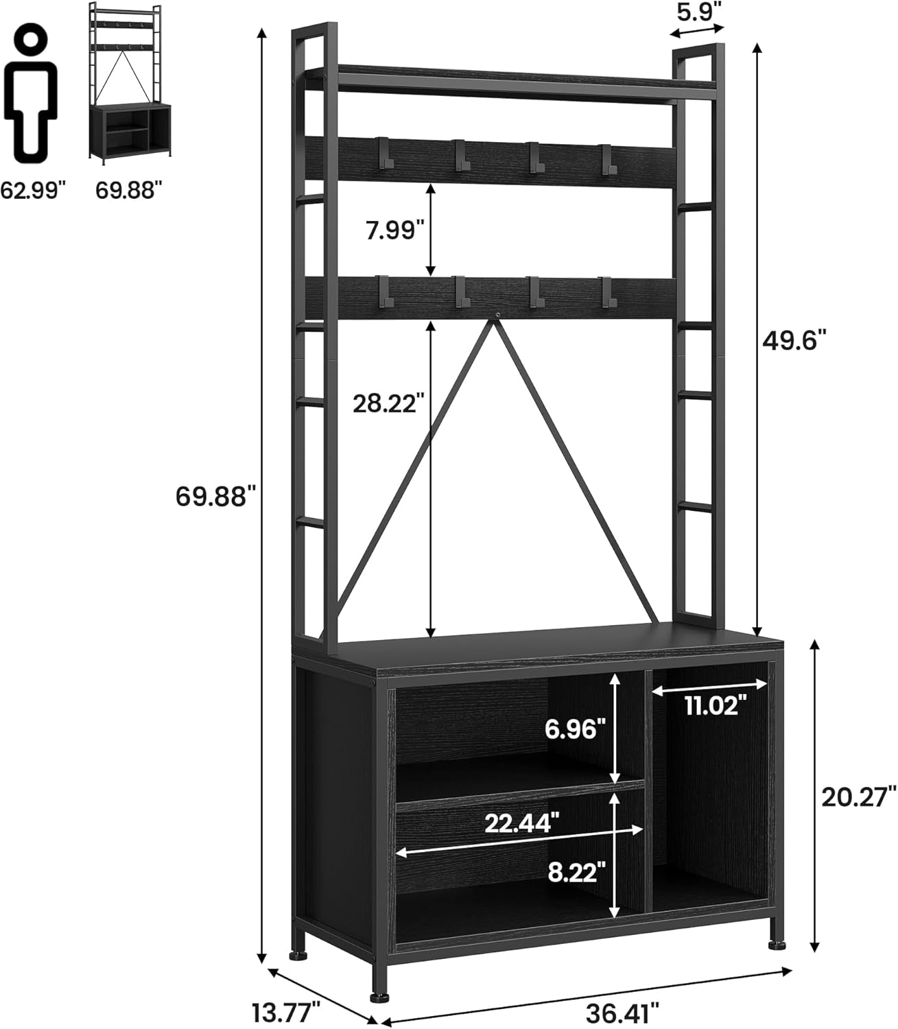 Hall Tree with Bench and Coat Rack, 36.41" Entryway Shoe Bench with 17 Hooks, Drawers and Top Shelf, 5-In-1 Freestanding Storage Organizer for Entryway, Mudroom, Black