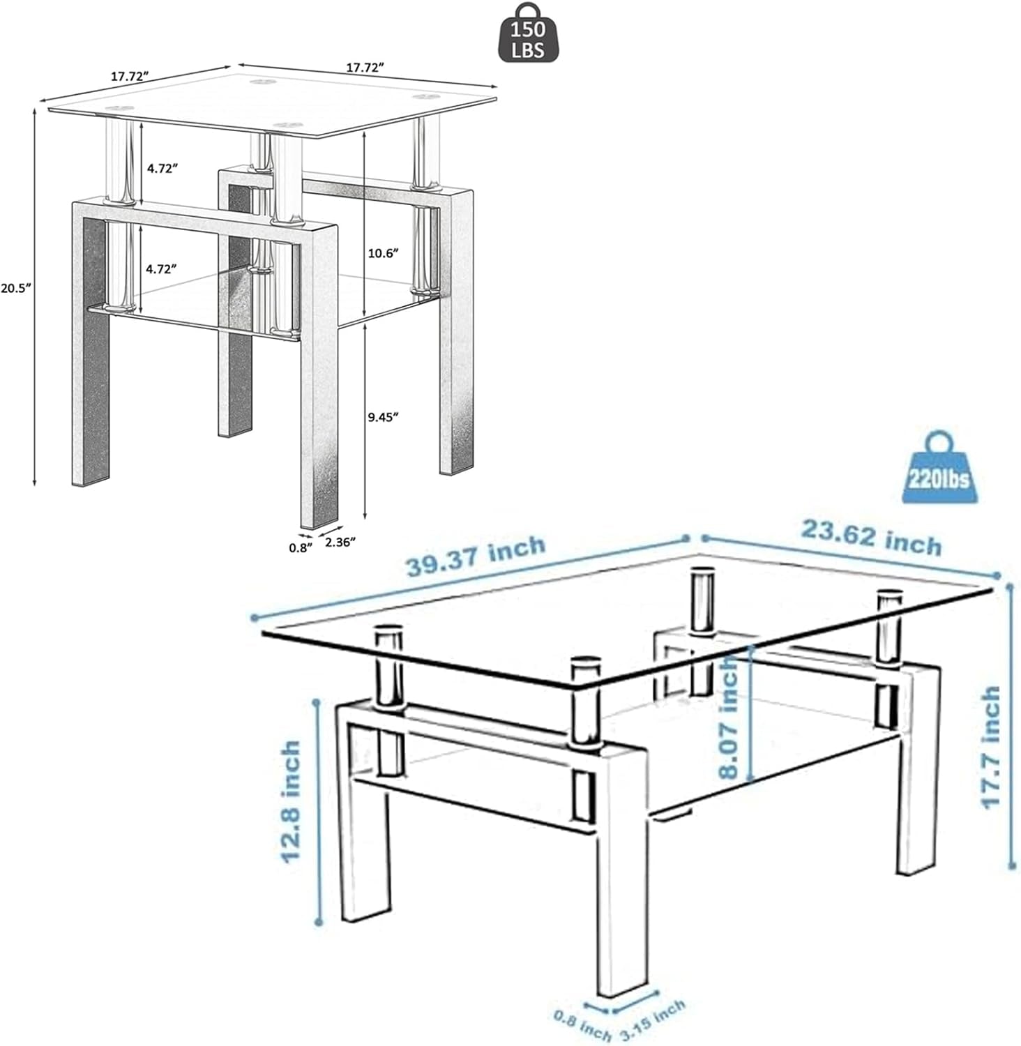 Living Room Tables Set,3 Piece Glass Coffee Table and End Tables Set for Living Room, Coffee Table Set with Tempered Glass Tabletop and Metal Frame for Apartment, Small Space, Black