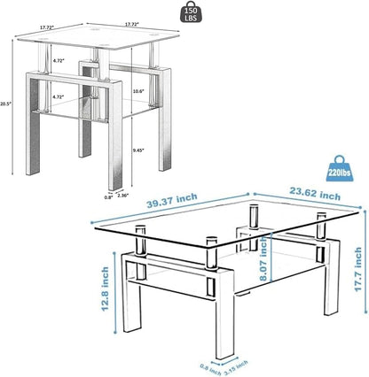 Living Room Tables Set,3 Piece Glass Coffee Table and End Tables Set for Living Room, Coffee Table Set with Tempered Glass Tabletop and Metal Frame for Apartment, Small Space, Black