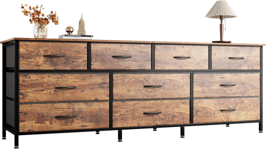 63 Inch Dresser for Bedroom, Long Dresser with 10 Fabric Drawers, TV Stand for 55, 65, 70 Inch TV, Toy Storage Organizer for Closet, Rustic Brown