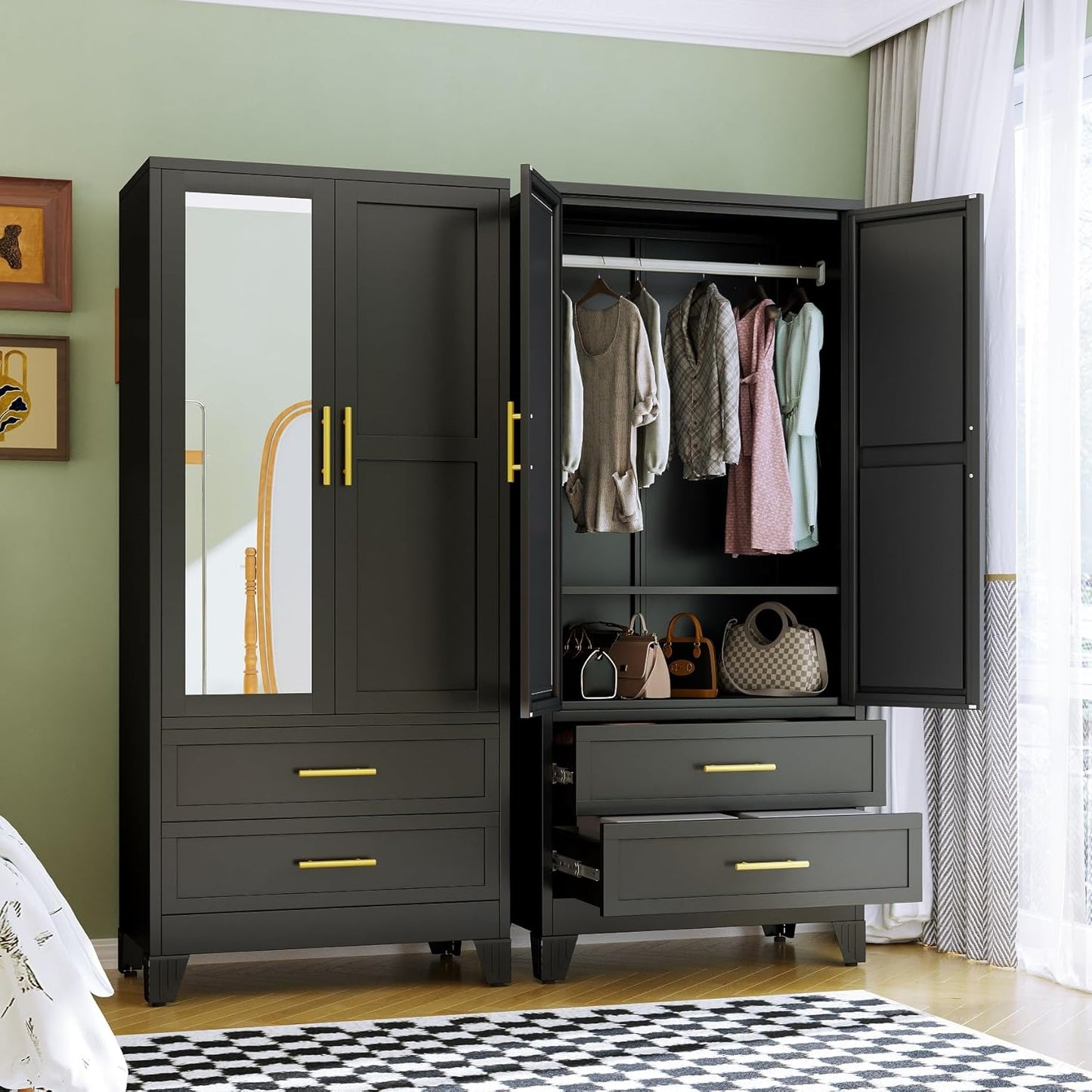 RIETERN Metal Armoire Wardrobe Closet, 71" Tall Bedroom Closet with Mirror, 2 Drawers, Adjustable Shelves, and Hanging Rod, Steel Clothes Closets and Storage, for Bedroom Black