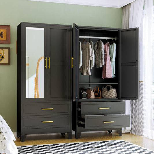 RIETERN Metal Armoire Wardrobe Closet, 71" Tall Bedroom Closet with Mirror, 2 Drawers, Adjustable Shelves, and Hanging Rod, Steel Clothes Closets and Storage, for Bedroom Black