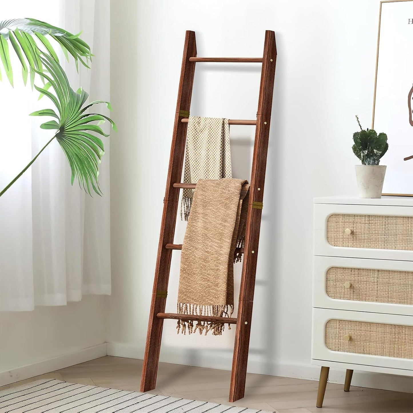 Blanket Ladder for Living Room, 5-Tier Wooden Ladder Shelf, Rustic Decorative Blanket Rack for Blankets, Quilts, Farmhouse Decor Ladder Shelf for Bedroom Bathroom Home Christmas Decor, Brown