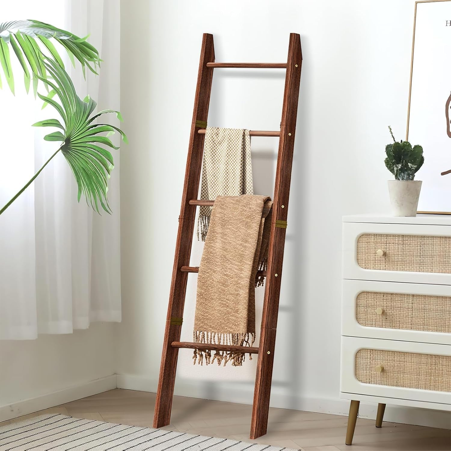 Blanket Ladder for Living Room, 5-Tier Wooden Ladder Shelf, Rustic Decorative Blanket Rack for Blankets, Quilts, Farmhouse Decor Ladder Shelf for Bedroom Bathroom Home Christmas Decor, Brown