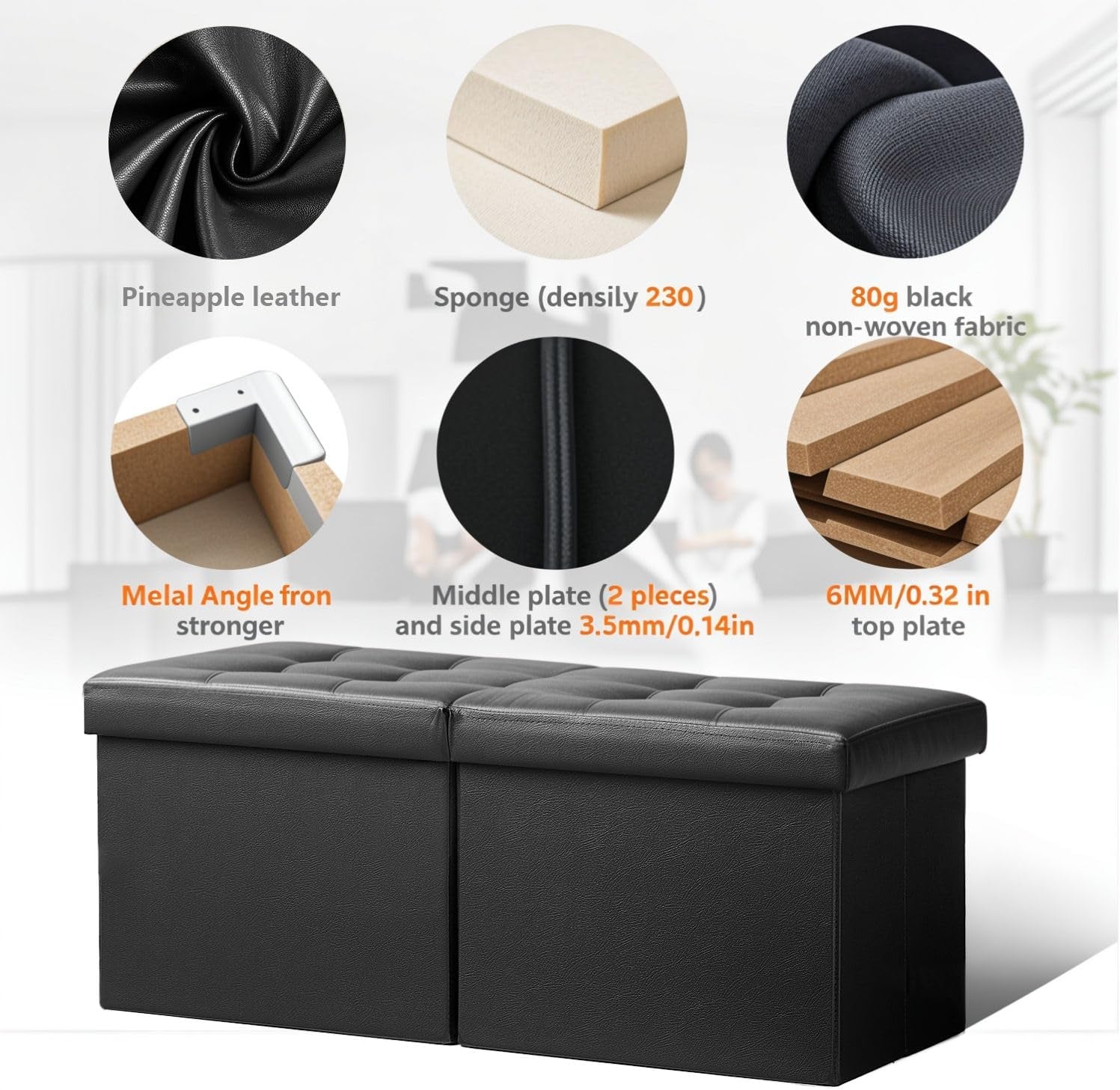 Footrest Ottoman Bench with Storage,34Inch Black Leather Footstool, Coffee Table, Padded Seat, Storage Chest,Blanket Store with Flipping Lid for Livingroom and Bedroom