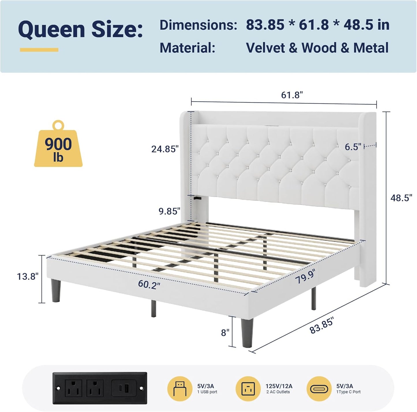 Queen Size Bed Frame, Storage Headboard with Charging Station, Wingback Velvet Upholstered, Diamond Stitched Button Tufted, Sturdy Wooden Slats, No Box Spring Needed, Easy Assembly, White