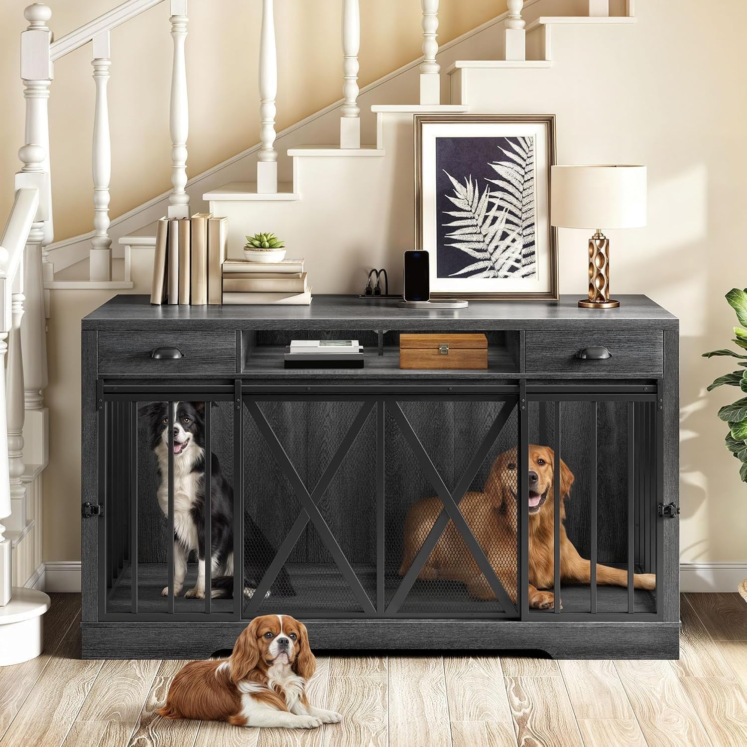 63 Inch Double Dog Crate TV Stand with Power Outlet, Heavy Duty Wooden Cage Furniture for 2 Dogs, Dog Kennel Indoor Furniture Double Sliding Barn Door Design Ideal for 2 Dogs, Dark Grey