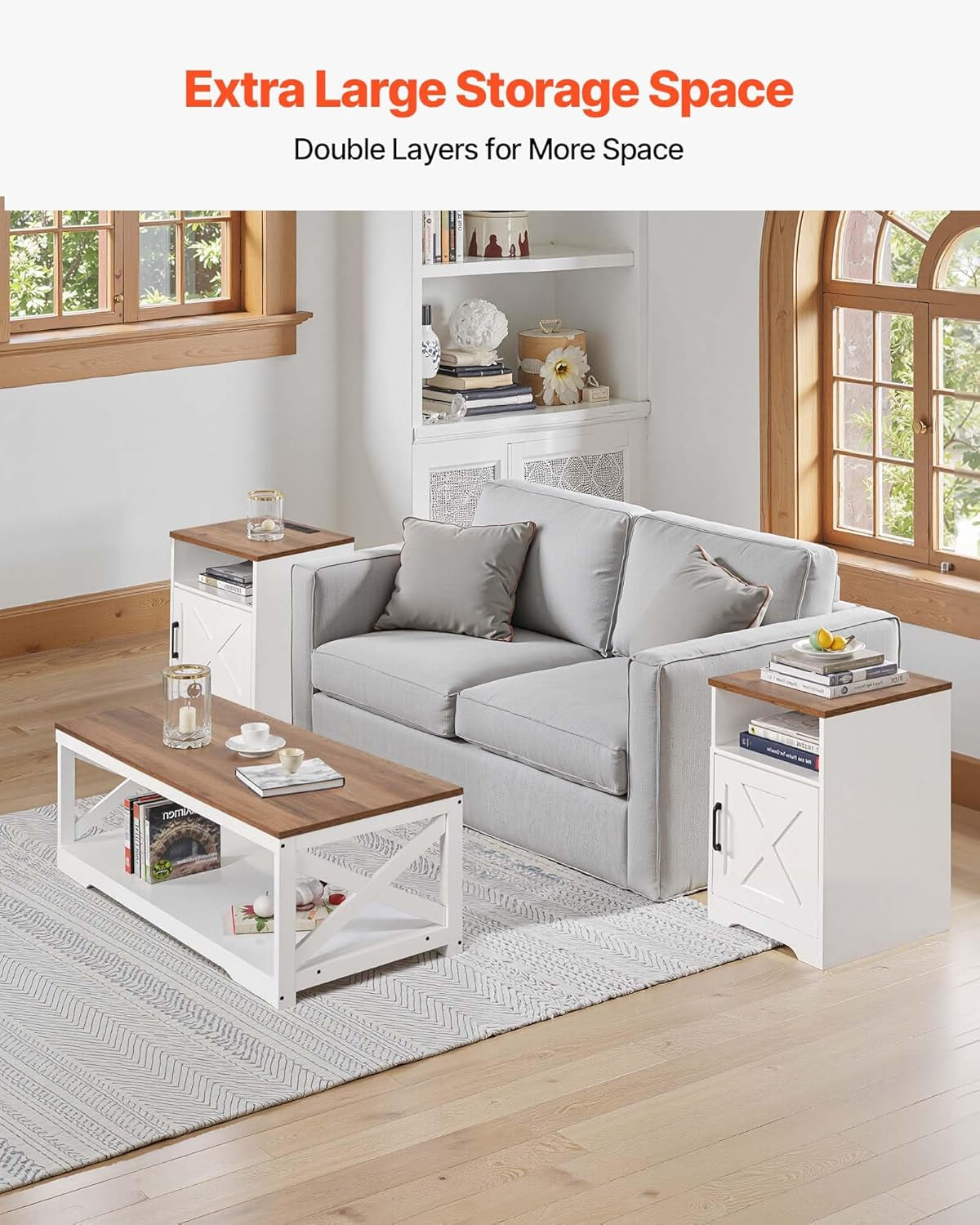 3 Pieces Farmhouse Coffee Table Sets, 40 Inch Industrial Coffee Table with 2 End Tables, Easy Assembly Coffee and Side Tables Sets with Charging Station, for Office, Living Room & Apartment