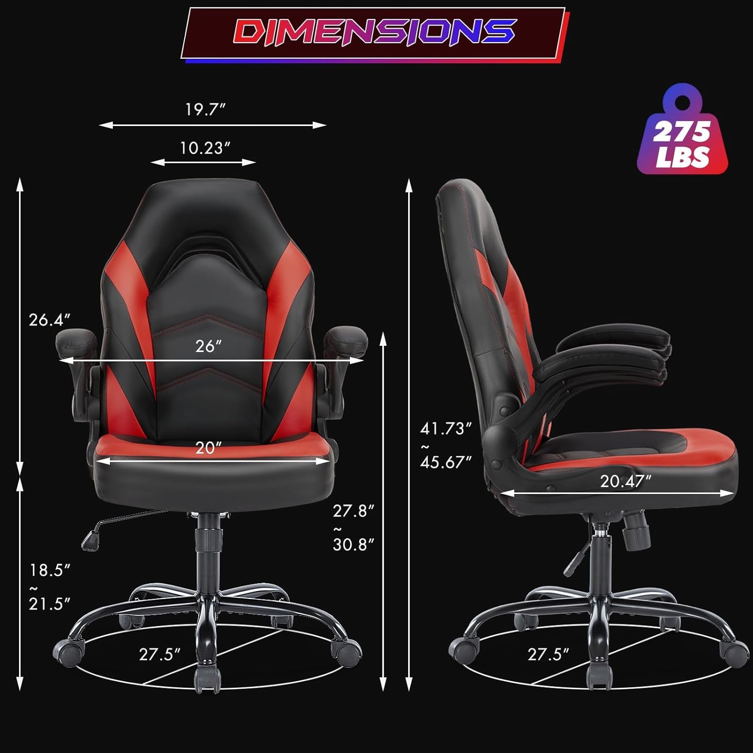 Computer Gaming Chair - PU Leather Ergonomic Lumbar Support with Flip-Up Armrest and 360° Swivel Wheels, Height Adjustable Task Home Office Desk Video Racing, Red