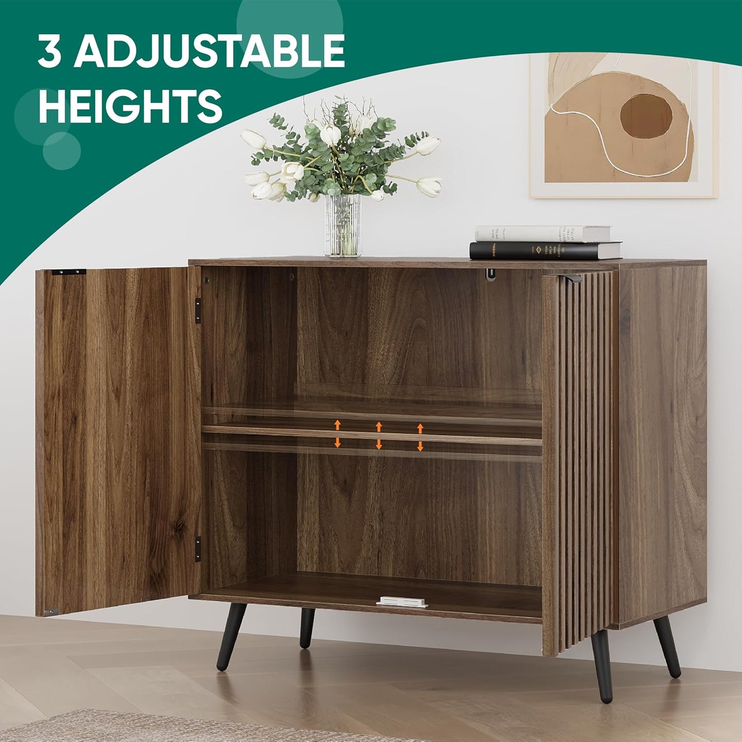 Fluted Sideboard Cabinet, Freestanding Walnut Buffet Cabinet with Adjustable Shelf, Wood Storage Cabinet for Living Room, Entryway, Hallway