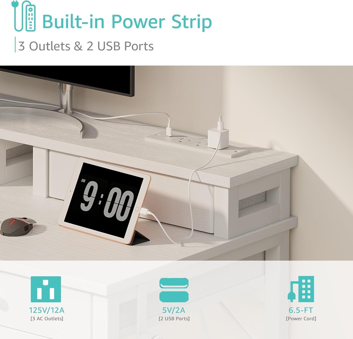 Small White Kids Desk with Fabric Drawers for Bedroom, 32 Inch Vanity Makeup Desk with Drawers Storage for Home Office, Writing Study Table with Power Outlet & Monitor Stand, White