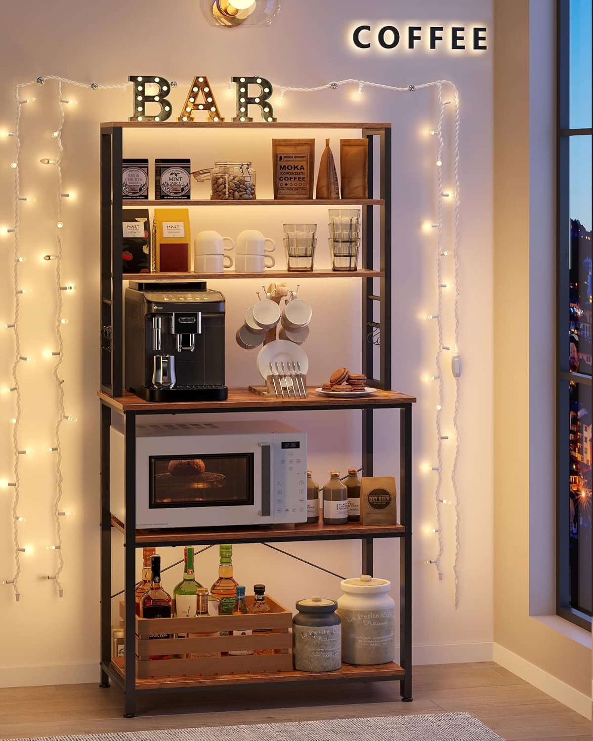 Coffee Bar, 31.5 Inches Baker'S Rack for Kitchen with Storage, 6-Tier Kitchen Shelves with 6 Hooks, Microwave Stand, Industrial, Rustic Brown and Ink Black UKKS019B01
