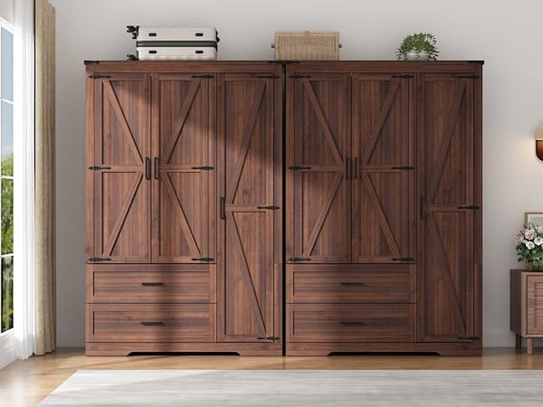 Farmhouse Wardrobe Armoire Closet with 3 Doors and 2 Drawers, 70.1" Wooden Clothing Storage Cabinet, Freestanding Large Capacity Storage Wardrobe Armoire with Hanging Rod for Bedroom, Brown
