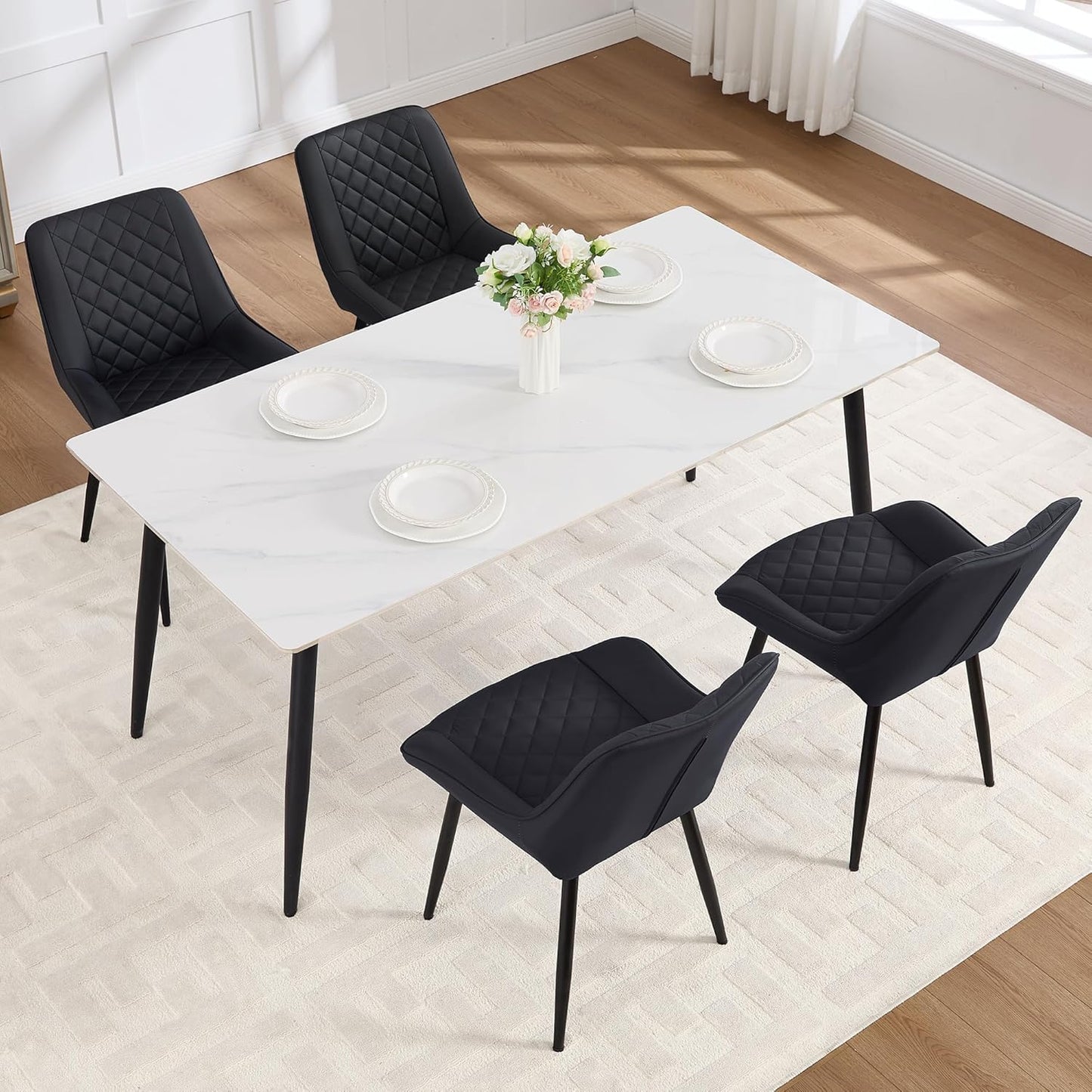 Dining Chair Set of 4, Modern Dining Chairs with Thick Cushions, Faux Leather Upholstered Kitchen Dining Room Chairs with Metal Adjustable Legs for Dining Living Room, Black