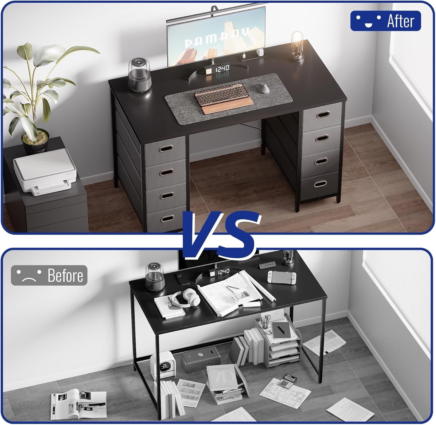 47 Inch Computer Desk with 8 Fabric Drawers PC Gaming Desk Home Office Study Work Writing Table for Bedroom Brown