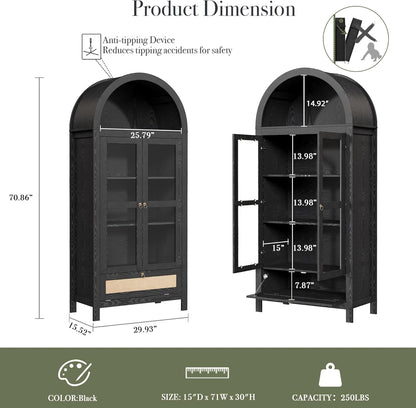 71” Tall Arched Kitchen Pantry Cabinet, Modern Farmhouse Hutch Storage Cabinets with Large Drawer and Glass Doors for Kitchen, Dining Room, Living Room, Black