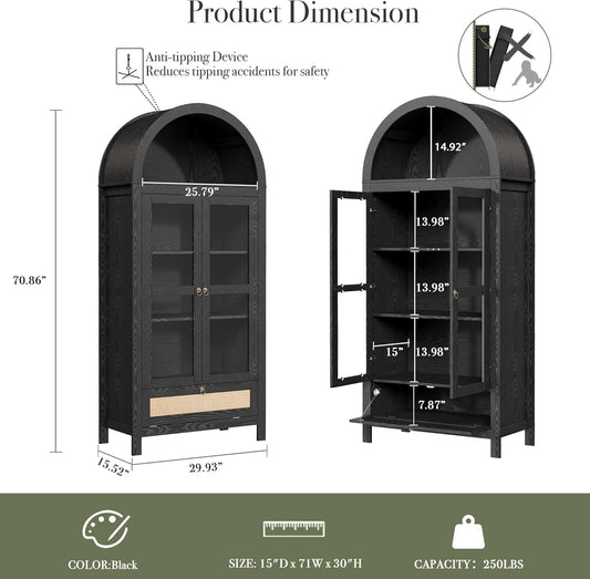 71” Tall Arched Kitchen Pantry Cabinet, Modern Farmhouse Hutch Storage Cabinets with Large Drawer and Glass Doors for Kitchen, Dining Room, Living Room, Black