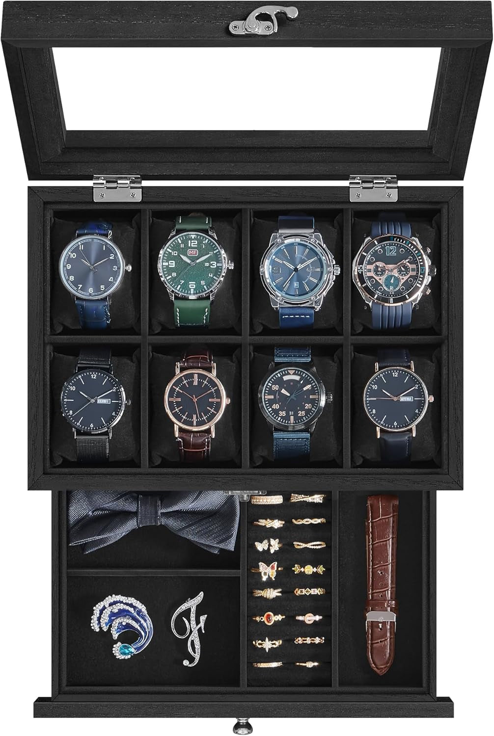 8-Slot Watch Box, 2-Tier Watch Display Case with Large Glass Lid, Removable Watch Pillows, Velvet Lining, Jewelry Box, Gift Idea, Ebony Black UJOW008B01
