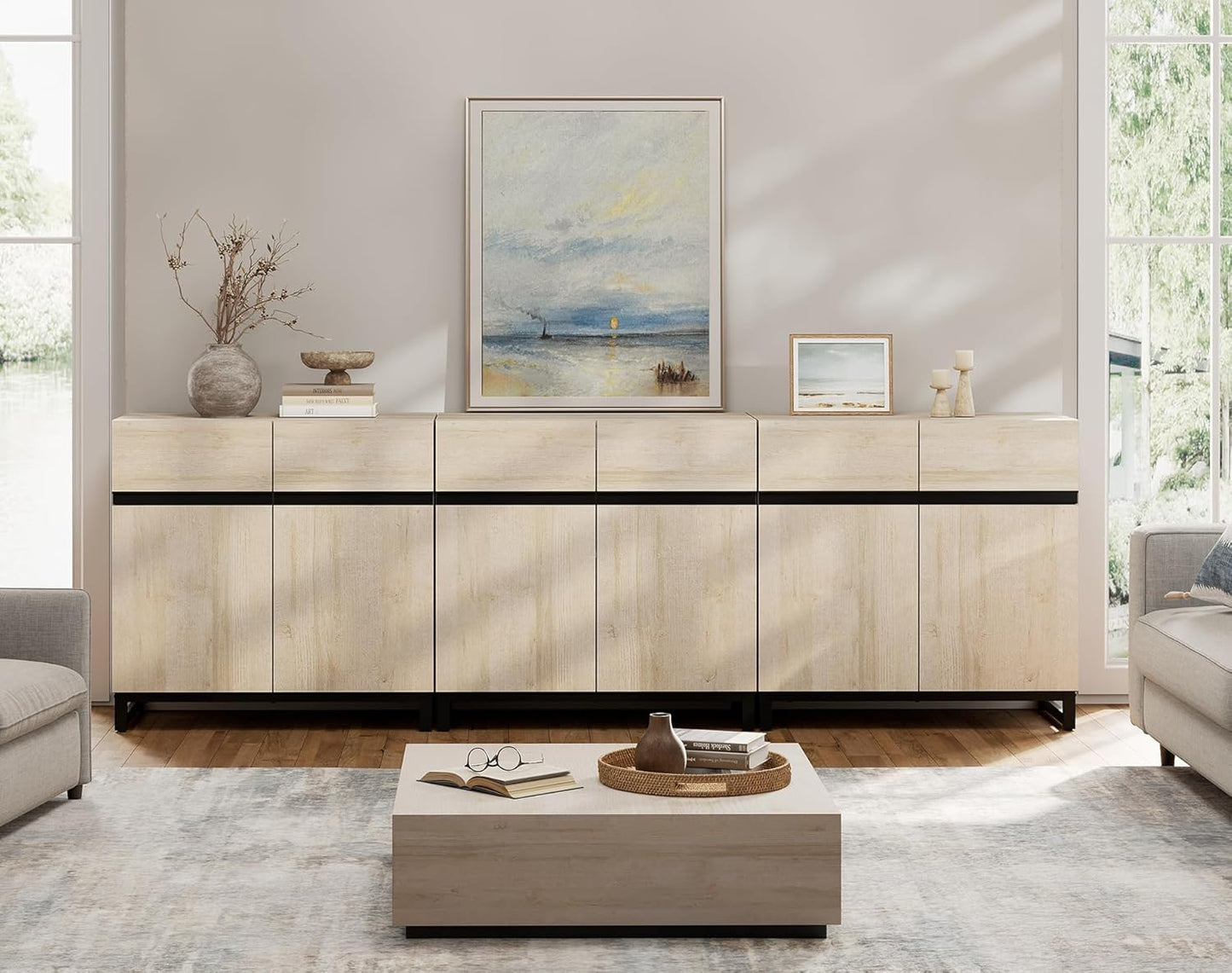 Modern TV Stand for Tvs up to 110 Inch, 3 in 1 Wood Entertainment Center Console Table with Adjustable Shelves and Metal Base for Living Room, Bedroom, Light Oak