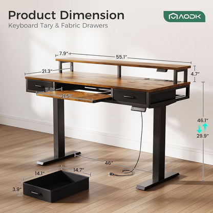Electric Standing Desk with Drawers & Keyboard Tray, 55 Inch Height Adjustable Gaming Desk with Power Outlets & LED Lights, Sit Stand Table with Monitor Stand for Home, Office, Rustic Brown