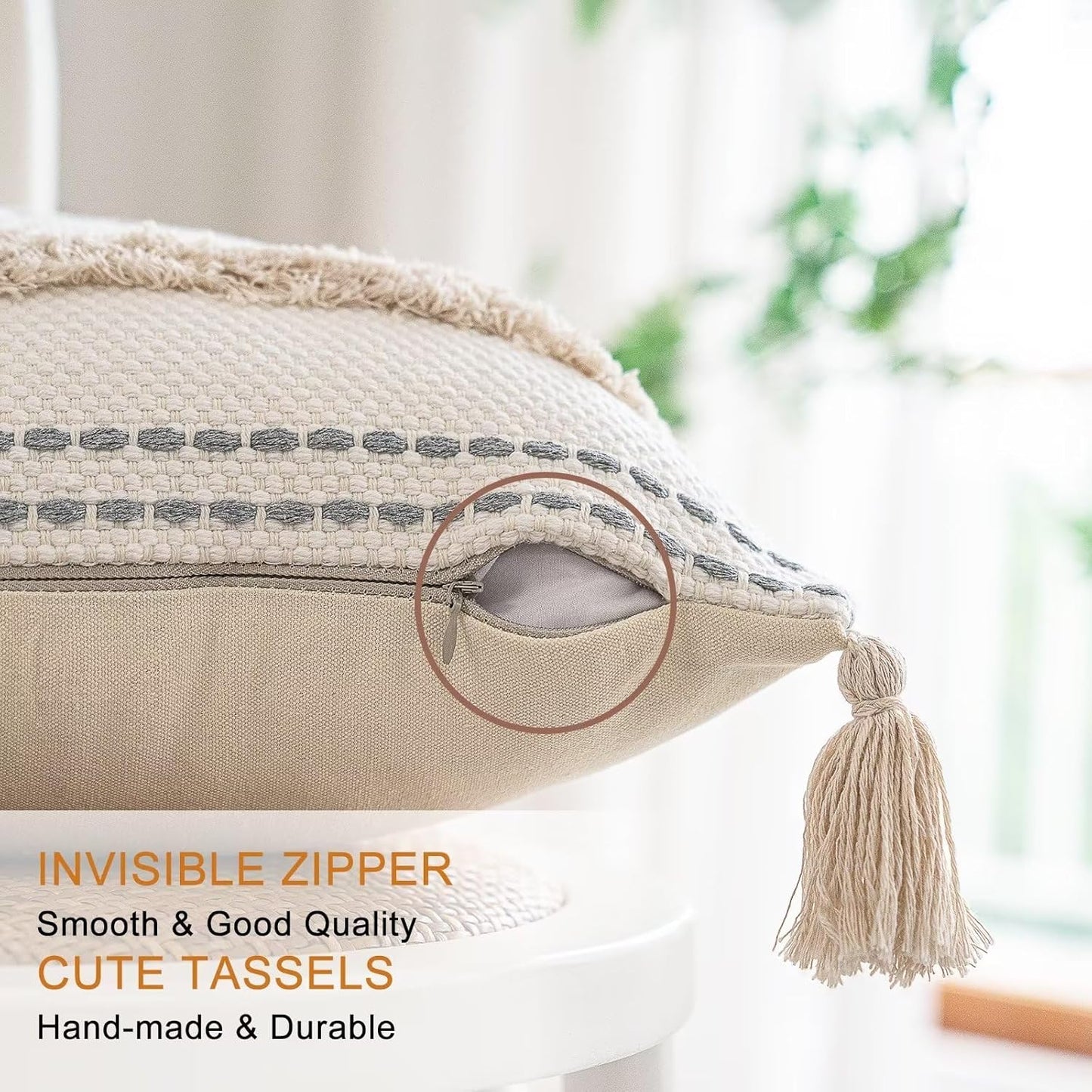 Boho Throw Pillow Covers 18X18 Set of 2 Woven Tufted Farmhouse Pillows Cover with Tassels Textured Striped Cushion Case Neutral Pillow Cases Decorative Pillowcase for Sofa, Couch, Bed, Khaki