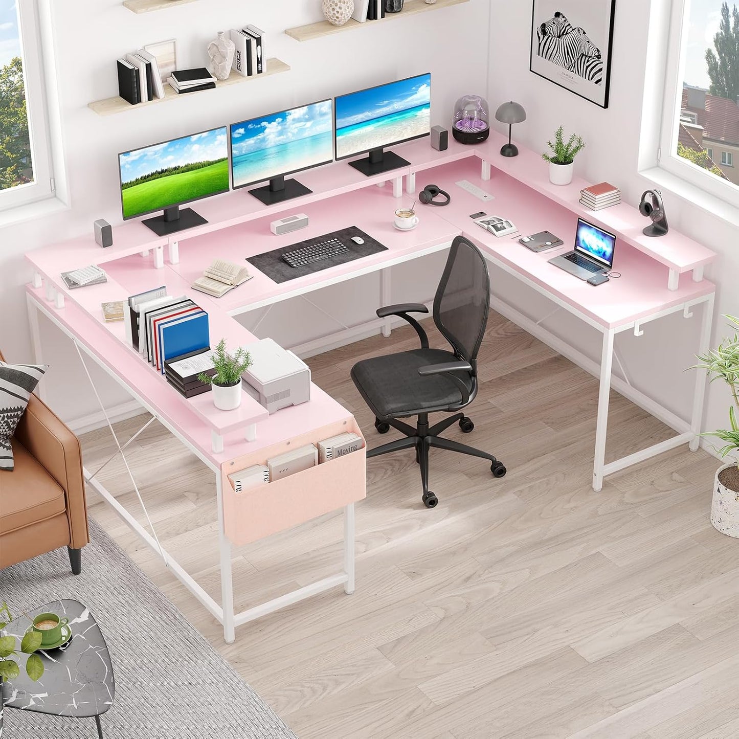 U-Shaped Computer Desk with Power Outlets & LED Lights 79 Inch Reversible L-Shaped Office Workstation, Full Monitor Stand, Spacious Corner Table for Home Office, Black