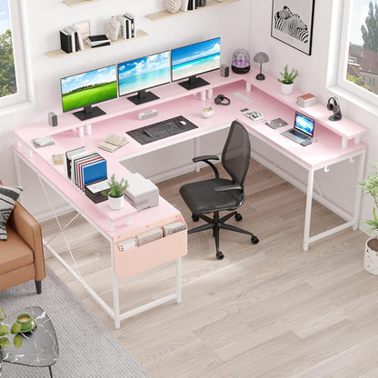 U-Shaped Computer Desk with Power Outlets & LED Lights 79 Inch Reversible L-Shaped Office Workstation, Full Monitor Stand, Spacious Corner Table for Home Office, Black