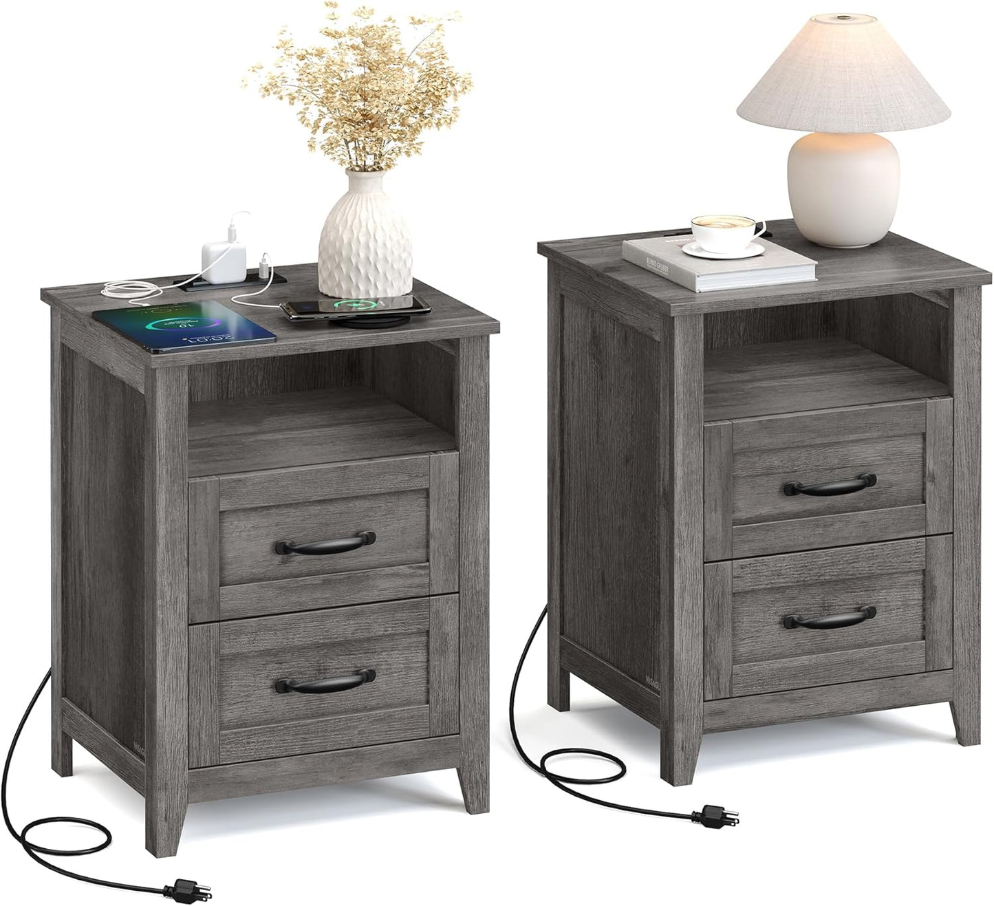 LIRY Collection - Farmhouse Nightstands with Charging Station, Set of 2 Bedside Tables, Side Tables with 2 Drawers, Open Compartment, for Bedroom, Misty Gray ULET869G01