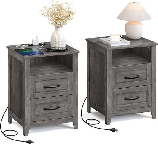 LIRY Collection - Farmhouse Nightstands with Charging Station, Set of 2 Bedside Tables, Side Tables with 2 Drawers, Open Compartment, for Bedroom, Misty Gray ULET869G01