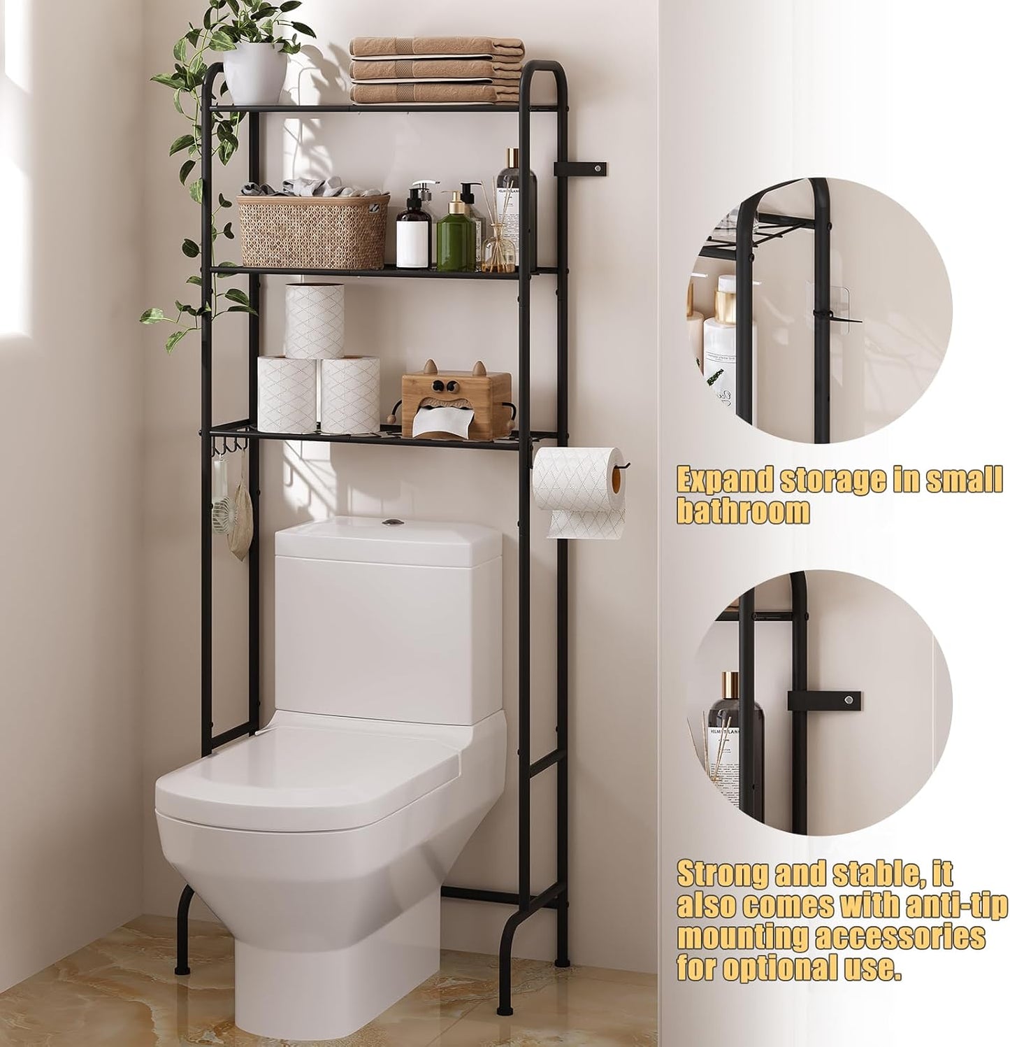Over the Toilet Storage,3-Tier Heavy Duty Metal Bathroom Organizer, Freestanding Space Saver with Wide Shelves for Towels & Toilet Paper (Black)
