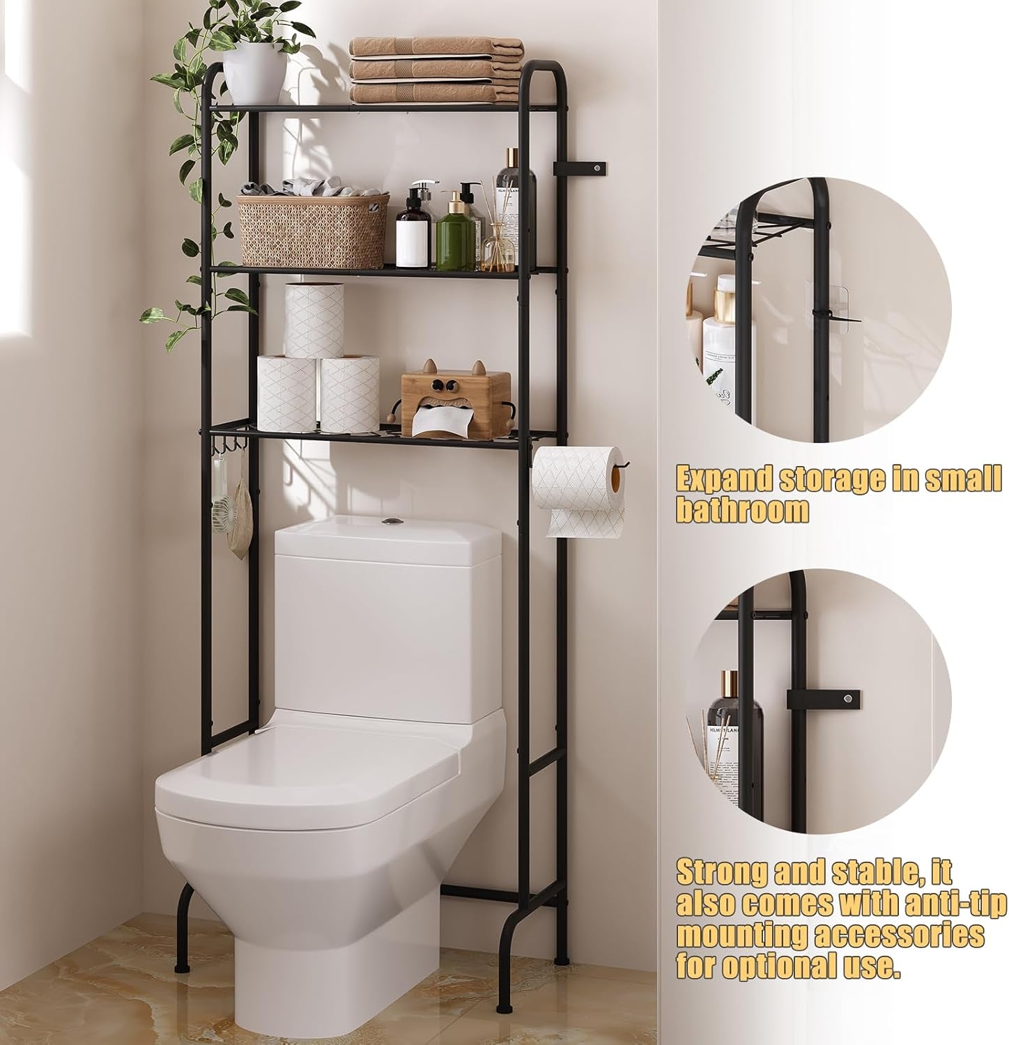 Over the Toilet Storage,3-Tier Heavy Duty Metal Bathroom Organizer, Freestanding Space Saver with Wide Shelves for Towels & Toilet Paper (Black)