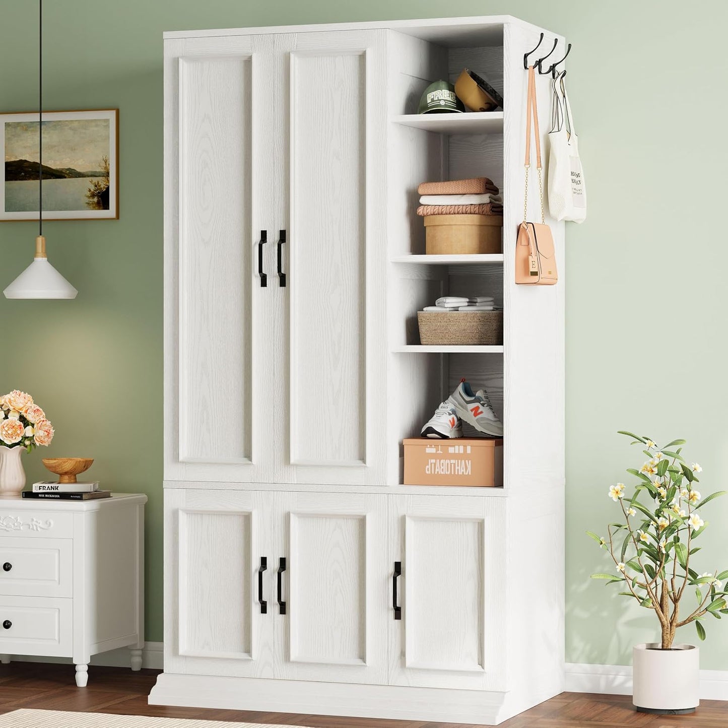 Armoire Wardrobe Closet 70" H, 5 Doors Bedroom Wooden Wardrobe with 4 Storage Shelves and Hanging Rod, Clothing Storage Cabinet Organizer Combination, White
