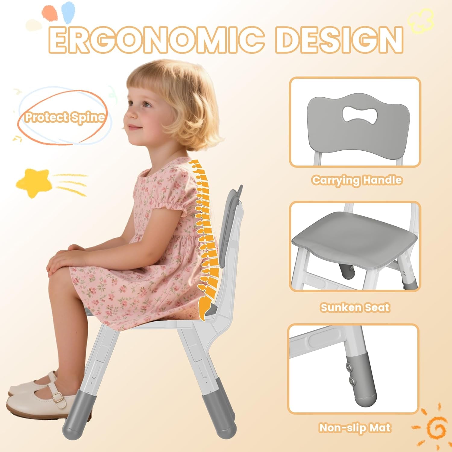 Kids Table and Chairs Set - 23.6" L X 23.6" W Height Adjustable Toddler Desk, Non-Slip Kids Chair with Graffiti Desktop for Ages 2-8, for Home Preschool Classroom Daycare, Grey
