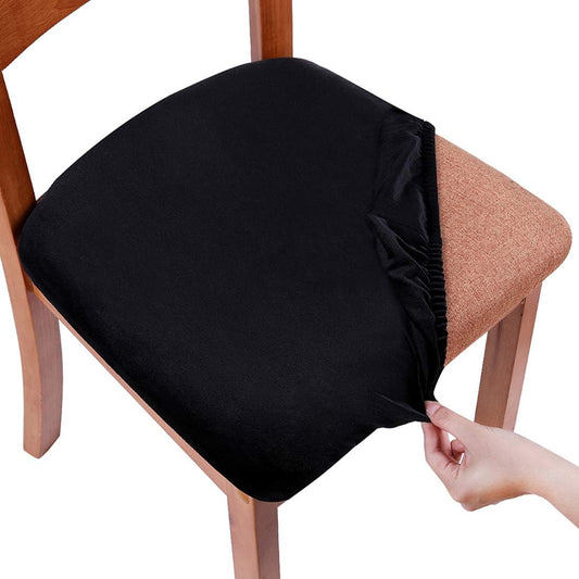 Velvet Seat Covers for Dining Room Chair Set of 4, Stretch Fit Removable Washable Chair Seat Cushion Protector Slipcovers with Ties, Black