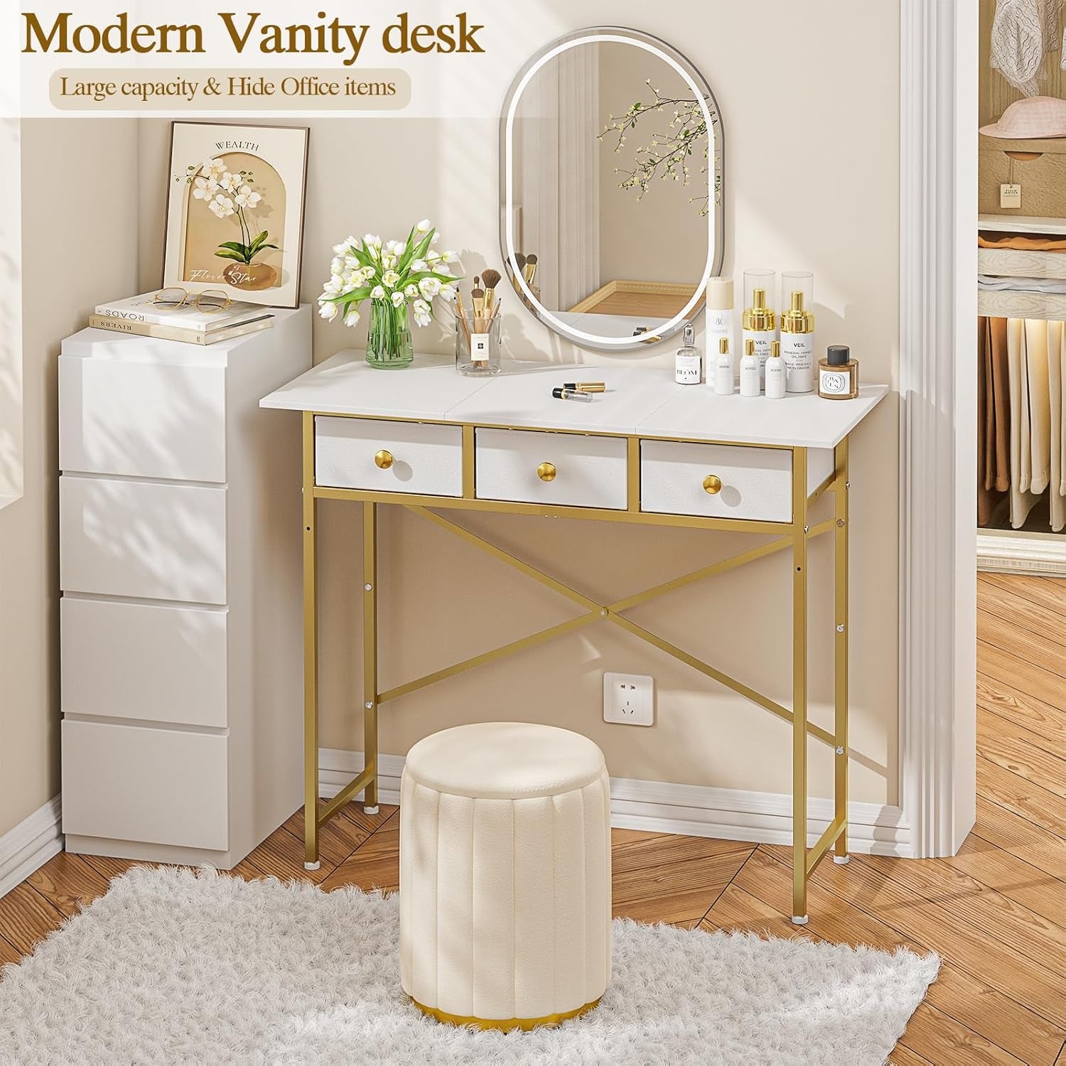 Small Makeup Vanity Desk No Mirror, 37.2 Inch Vanity Desk with 3 Drawers, Girls Vanity Dressing Table for Bedroom, Small Vanity for Small Spaces, White and Gold
