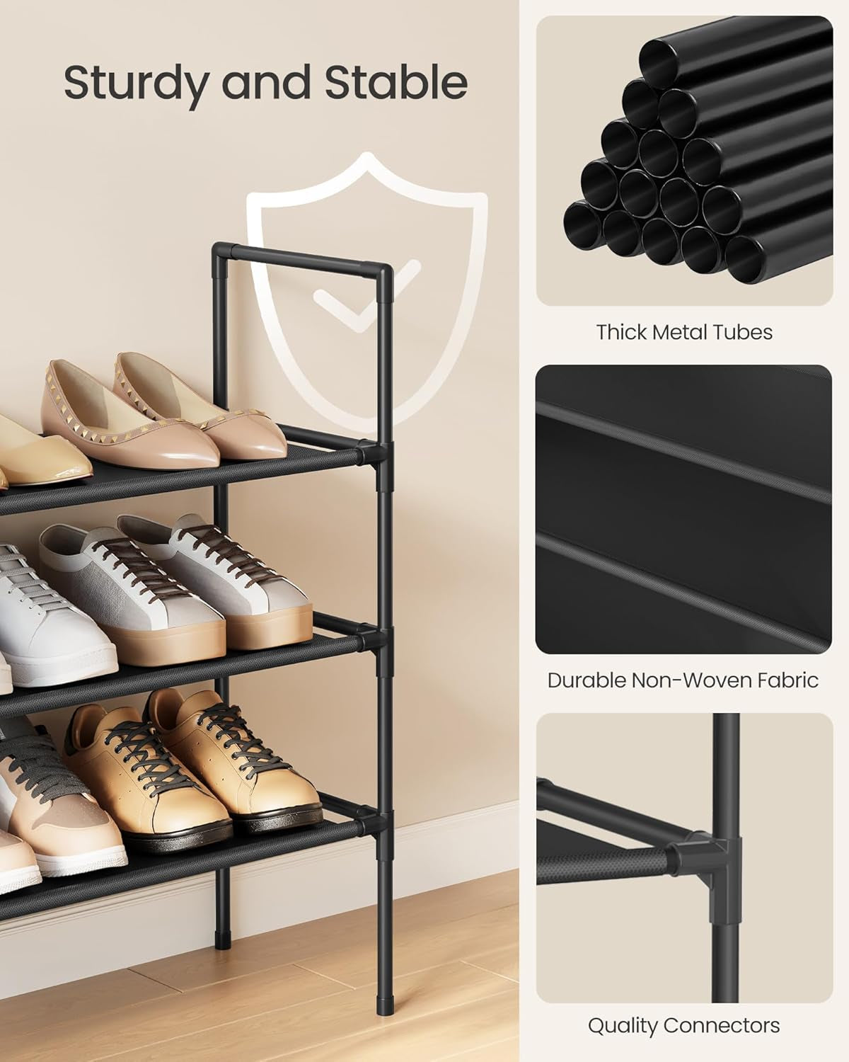 3-Tier Shoe Rack, Shoe Storage for Hallway Closet, Slim and Space-Saving, Metal Frame, Non-Woven Fabric Shelves, Black ULSH043BH01