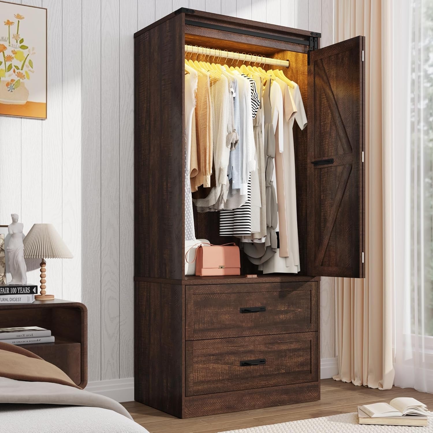 Farmhouse 2 Doors Armoire Wardrobe Closet W/Folding Sliding Barn Door and Lights, LED Armoire Closet W/Drawers for Bedroom, Freestanding Wooden Wardrobe Storage Closet W/Hanging Rod,Rustic Brown