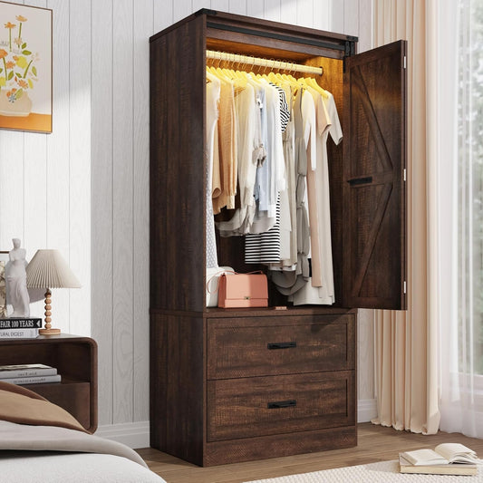 Farmhouse 2 Doors Armoire Wardrobe Closet W/Folding Sliding Barn Door and Lights, LED Armoire Closet W/Drawers for Bedroom, Freestanding Wooden Wardrobe Storage Closet W/Hanging Rod,Rustic Brown