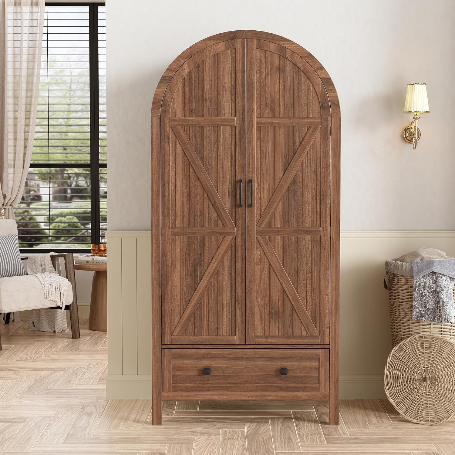Armoire Wardrobe Closet with Drawers and 2 Arched Fluted Doors, 70.9‘’ Tall Wooden Bedroom Armoires with LED Light & Shelves and Hanging Rod(Brown)