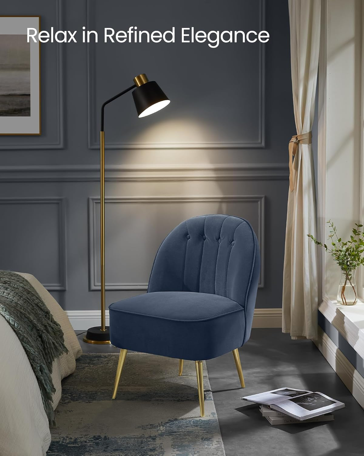 Accent Chair, Velvet Vanity Chair with Metal Legs, Shell-Shaped Back, Wide Seat, Luxury Style, Comfy Chair for Living Room, Bedroom, Makeup Room, Office, Charcoal Blue ULAC017Q01