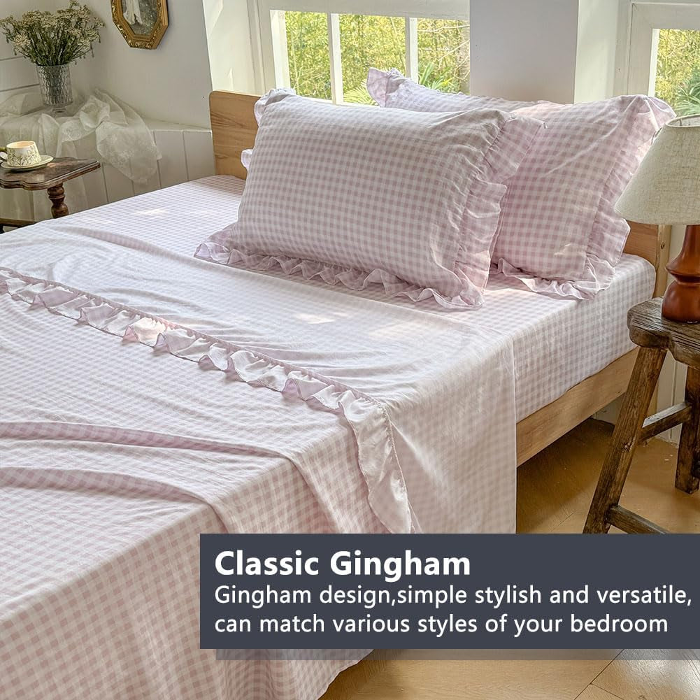 Pink Gingham Ruffle Queen Sheet Set, Pink Soft Pre-Washed Microfiber Plaid Queen Bed Sheets, 4-Pieces Farmhouse Sheet Set with Deep Pocket
