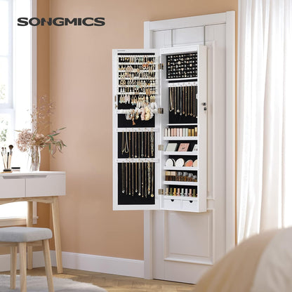 6 Leds Mirror Jewelry Cabinet, 47.2-Inch Tall Lockable Wall or Door Mounted Jewelry Armoire Organizer with Mirror, 2 Drawers, 3.9 X 14.6 X 47.2 Inches, White UJJC93W