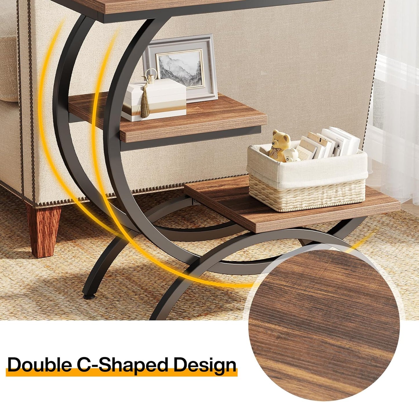 C-Shaped End Table, Industrial 3-Tier Small Side Table for Couch, Wood Bedside Table Snack Side Table with Storage Shelves for Living Room Small Space, Rustic Brown