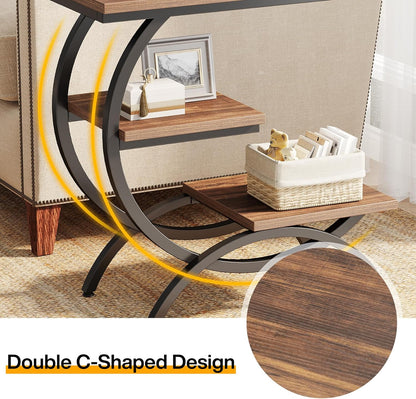 C-Shaped End Table, Industrial 3-Tier Small Side Table for Couch, Wood Bedside Table Snack Side Table with Storage Shelves for Living Room Small Space, Rustic Brown