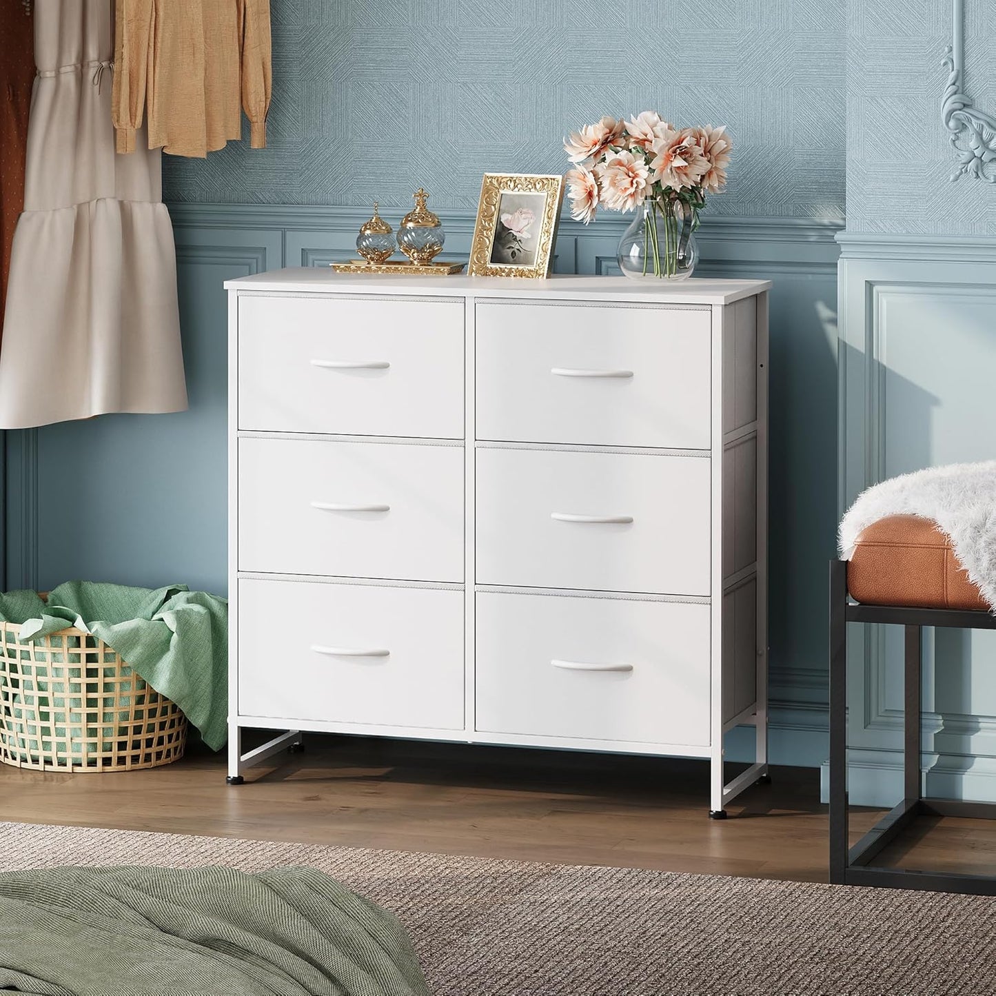 White Dresser for Bedroom, 6 Drawer Double Dresser, Fabric Storage Tower with Fabric Bins, Chest of Drawers for Closet, Living Room, Hallway