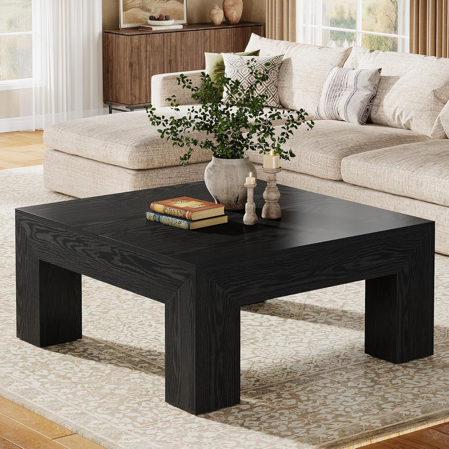 39.4-Inch Square Coffee Table for Living Room, Farmhouse All MDF Accent Center Cocktail Table with Sturdy Wooden Legs, Easy Assembly, Black