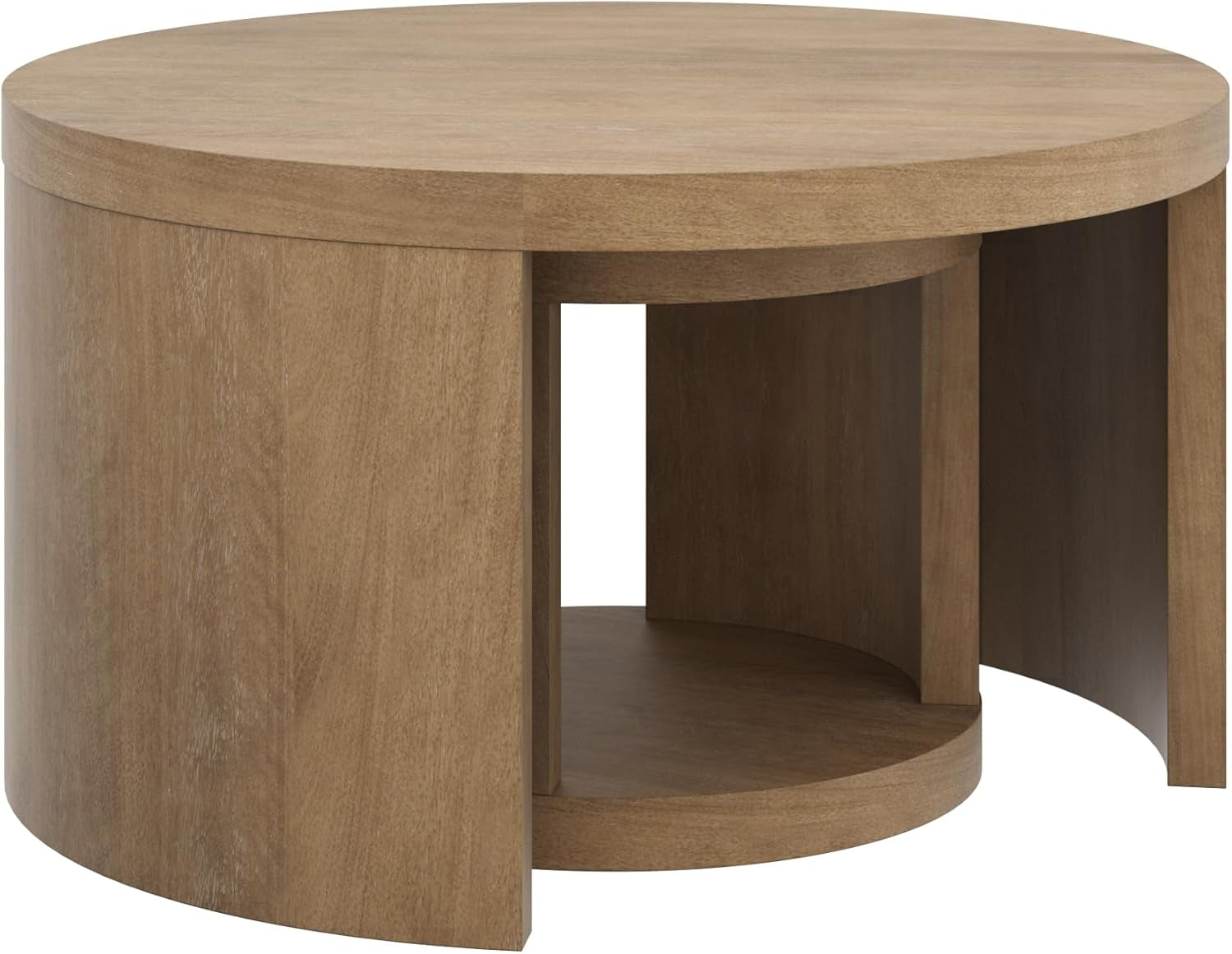 Uchu Mid Century Modern 2-Piece Nesting Coffee Table, round Wood Coffee Table with Storage, Light Brown