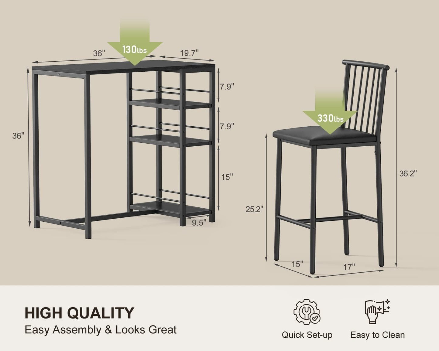 Dining Table Set for 2 with 3 Storage Shelves, Kitchen Table and Chairs for 2 with Pu Cushion Chairs & Thick Wood Top, 3 Piece Dining Table Set for Small Space, Apartment - Black